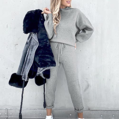 Turtleneck Casual Solid Color Hoodie Suit view 12