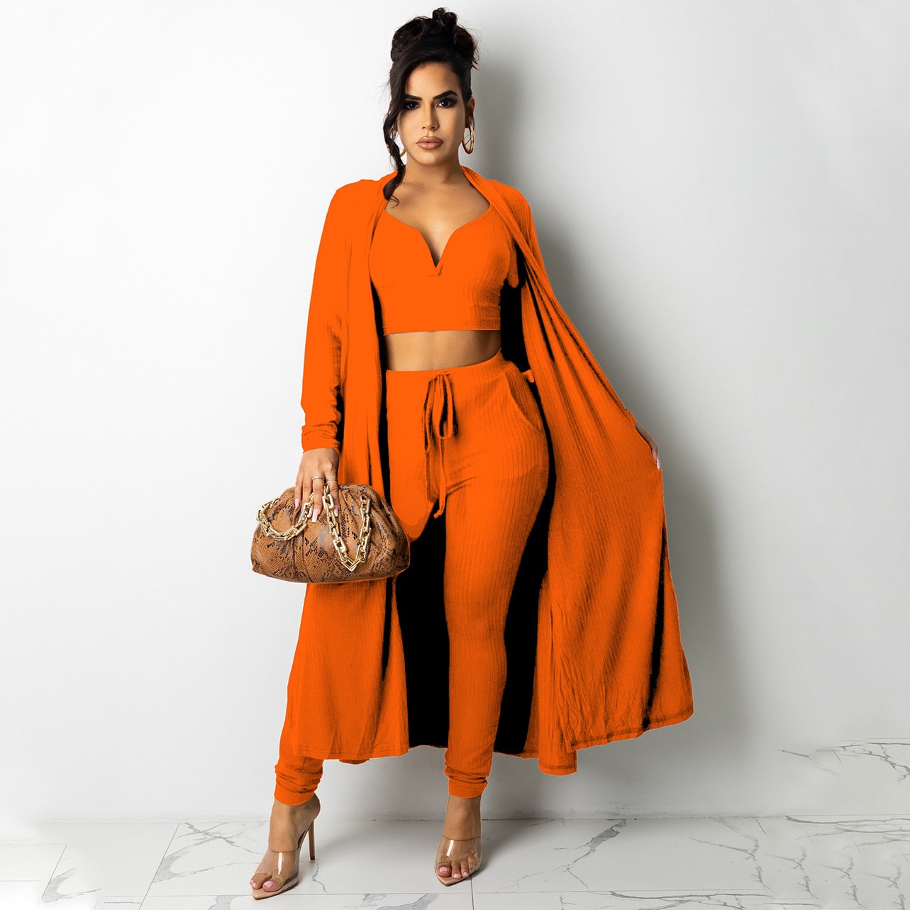 Solid Color Ribbed V-neck Vest Long Women's Pants Sportswear Suit view 5