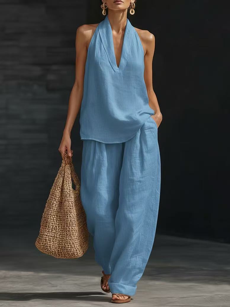 Summer Sleeveless Suits V-neck Halter Top And Wide-leg Pants Fashion Casual Straight Trousers Set view 5