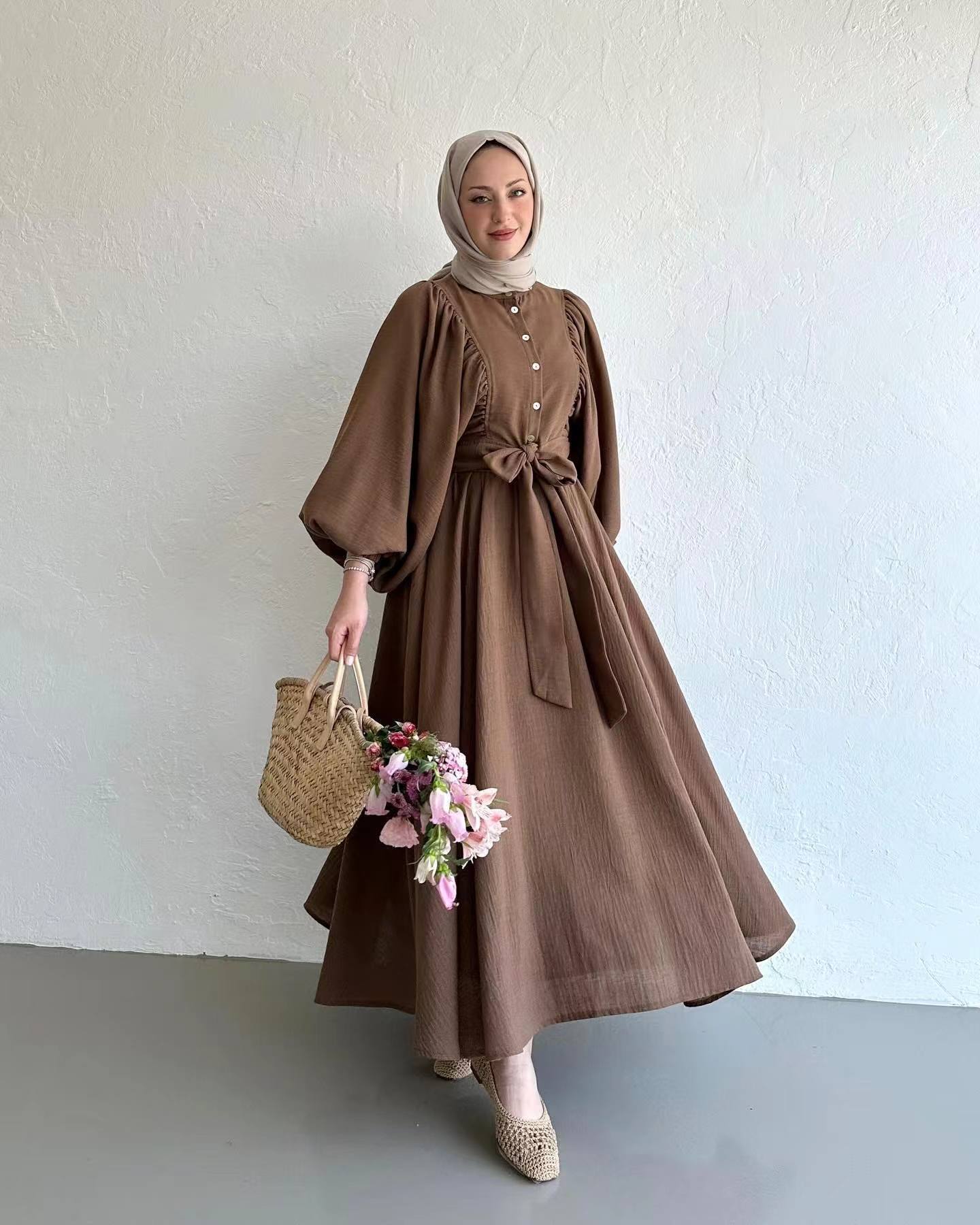 Muslim Fashion Suit Bishop Sleeves Top Swing Mid-length Dress Set view 4