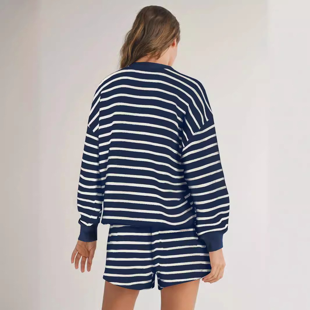 Comfort And Casual Women's Long Sleeve Striped Collar Decorated With Buttons Shorts Suit view 4