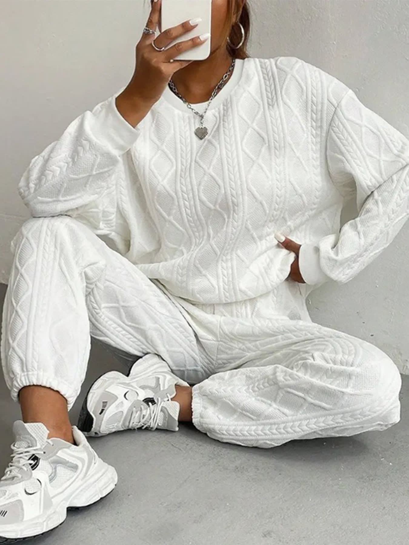 Jacquard Long Sleeve Casual Round Neck Sweater Trousers Suit view 2