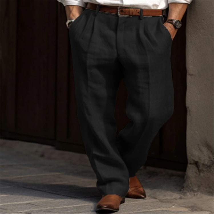 Men's Linen Trousers Double Pleated Front Pocket Straight Pure Color Comfort Breathable Casual view 11