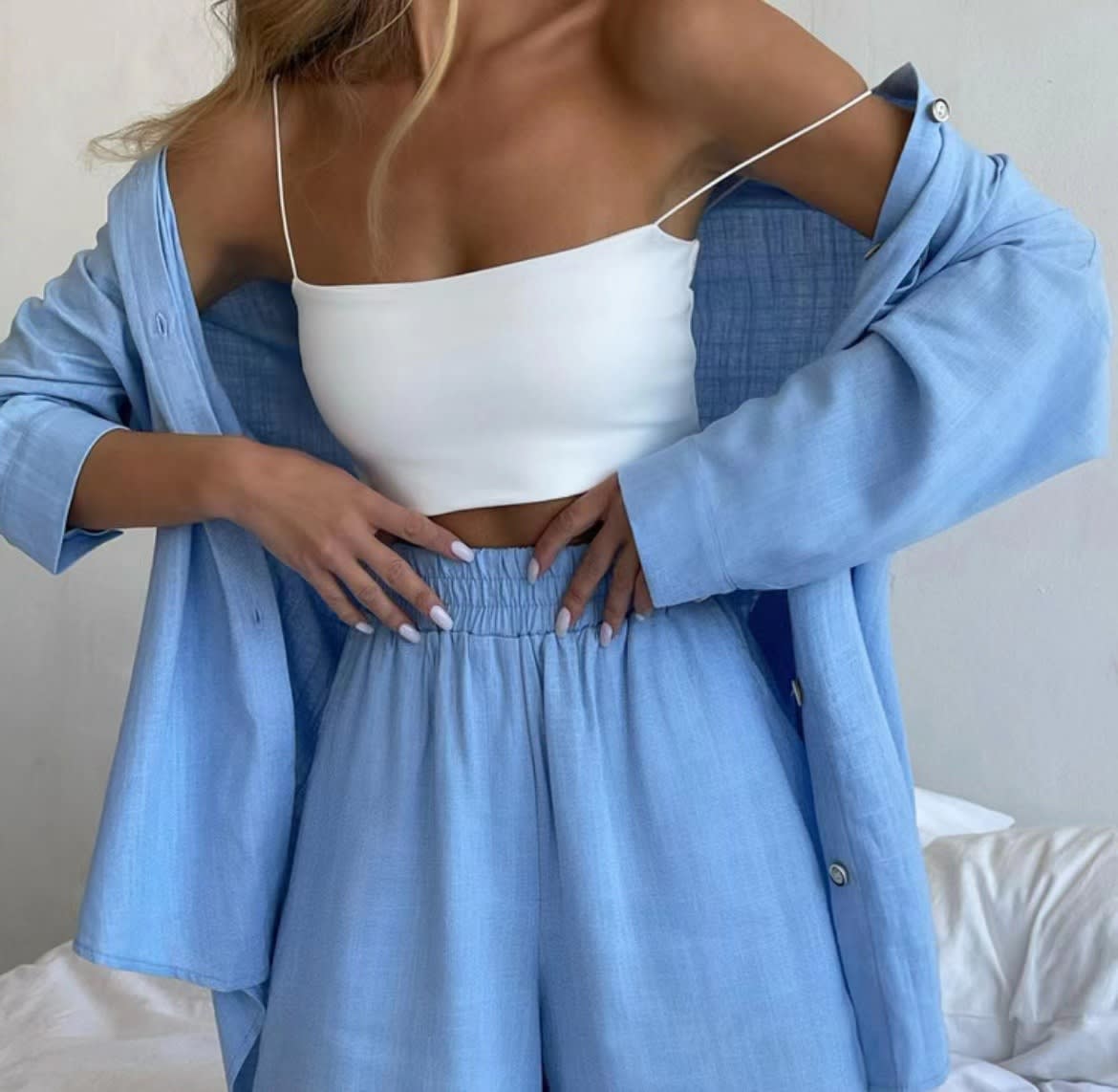 Single-breasted Long Sleeve Shirt Loose Casual Shorts Suit view 11