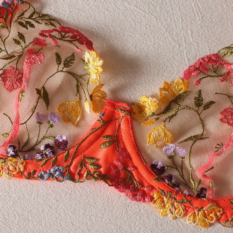 Flowers See-through Embroidered Ribbon Steel Ring Underwear Suit view 10