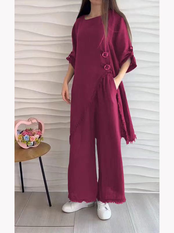 Loose And Irregular Half Sleeve Mid-length Top Loose-fitting Wide-leg Trousers view 8