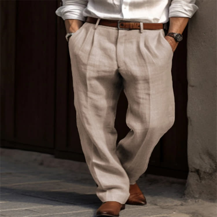 Men's Linen Trousers Double Pleated Front Pocket Straight Pure Color Comfort Breathable Casual view 4