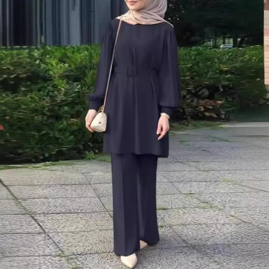 Middle East Muslim Round Neck Long Sleeve Belt Elastic Waist Top And Trousers Suit view 4