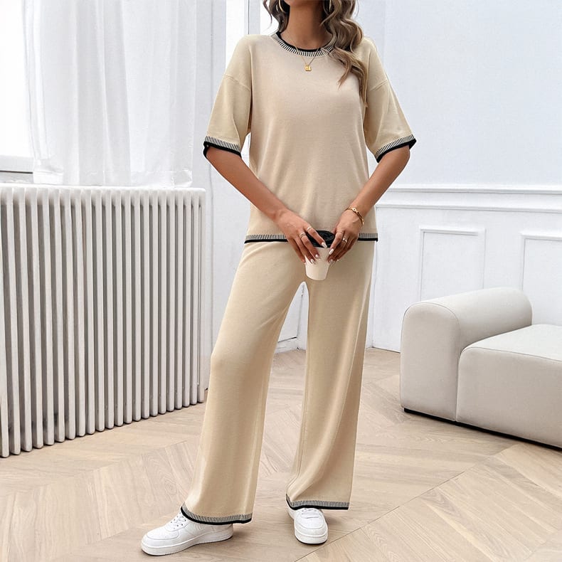 Casual Loose Contrast Color Knitted T-shirt Blouse And Pants 2-piece Set view 2