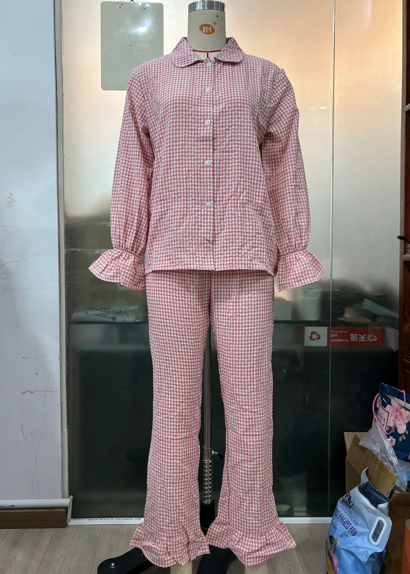 Women's Casual Two-piece Suit Bell Sleeve Top Mesh Trousers view 2