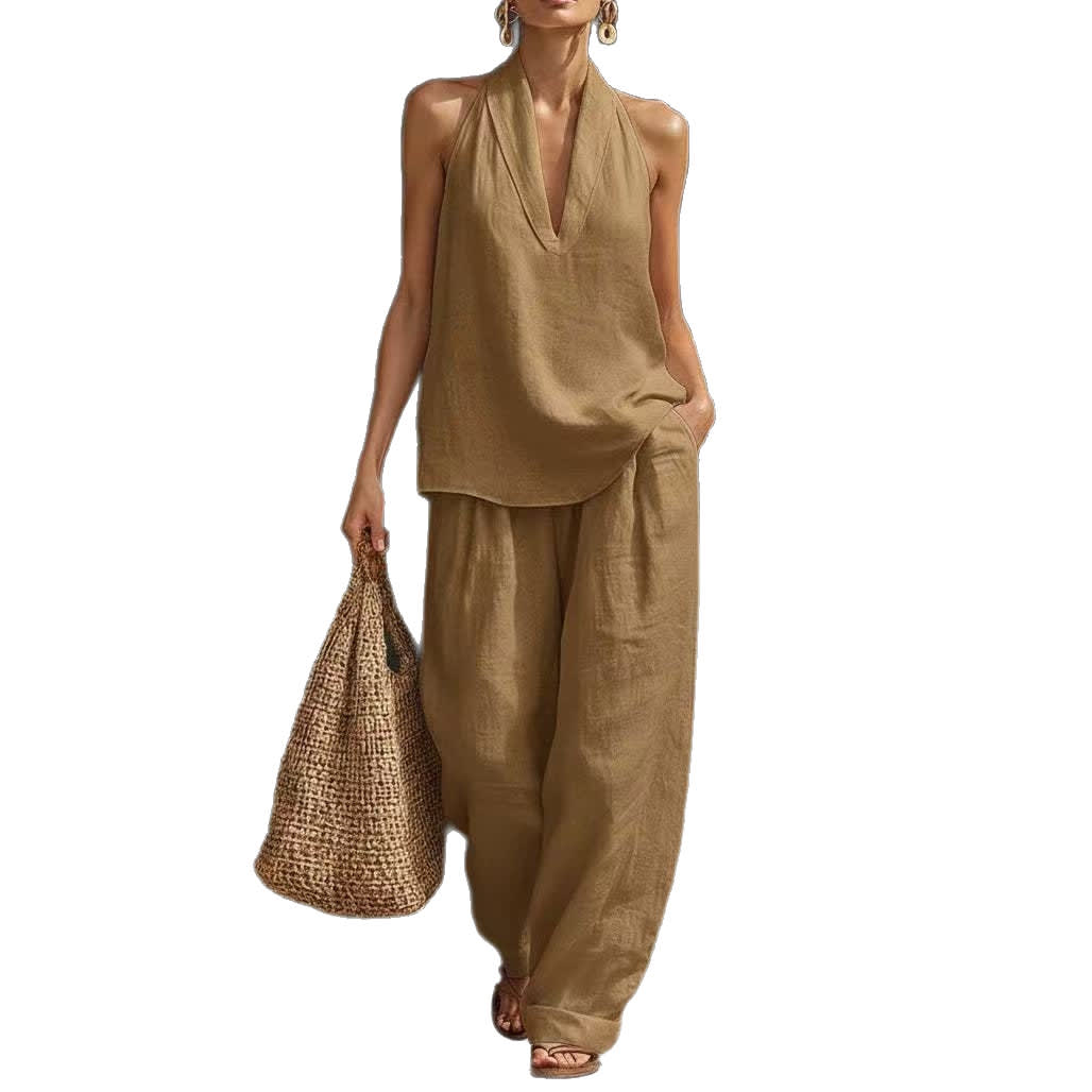 Summer Sleeveless Suits V-neck Halter Top And Wide-leg Pants Fashion Casual Straight Trousers Set view 7