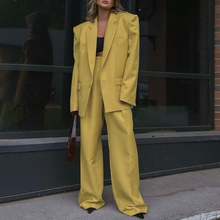 Long Sleeve Lapel Baggy Coat High Waist Wide Leg Pants Two-piece Set view 4