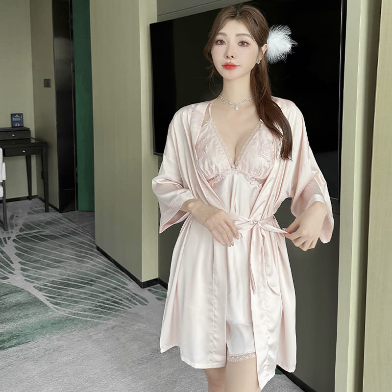 Butterflies And Polka Dots Hollow-out Lace Beautiful Back Suspender Shorts Outerwear Gown Silk Women's Homewear With Chest Pad view 13