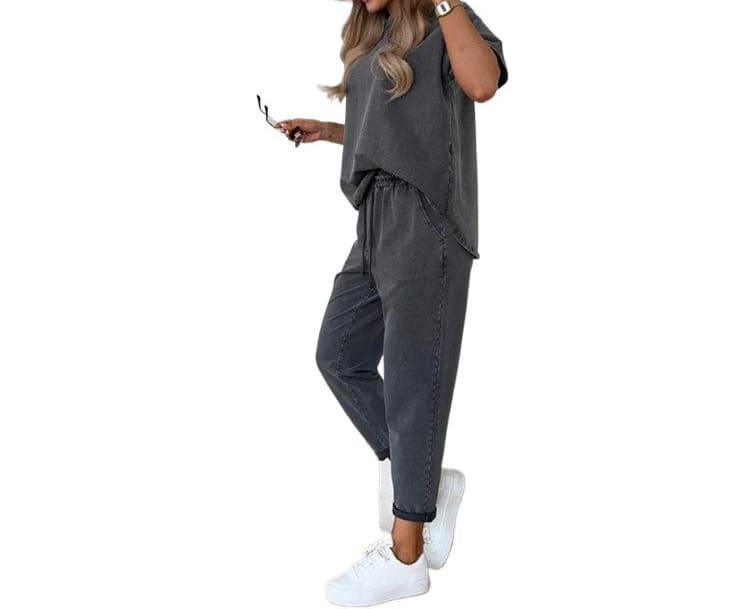 Solid Color Short-sleeved Cropped Pants Casual 2-piece Set view 6