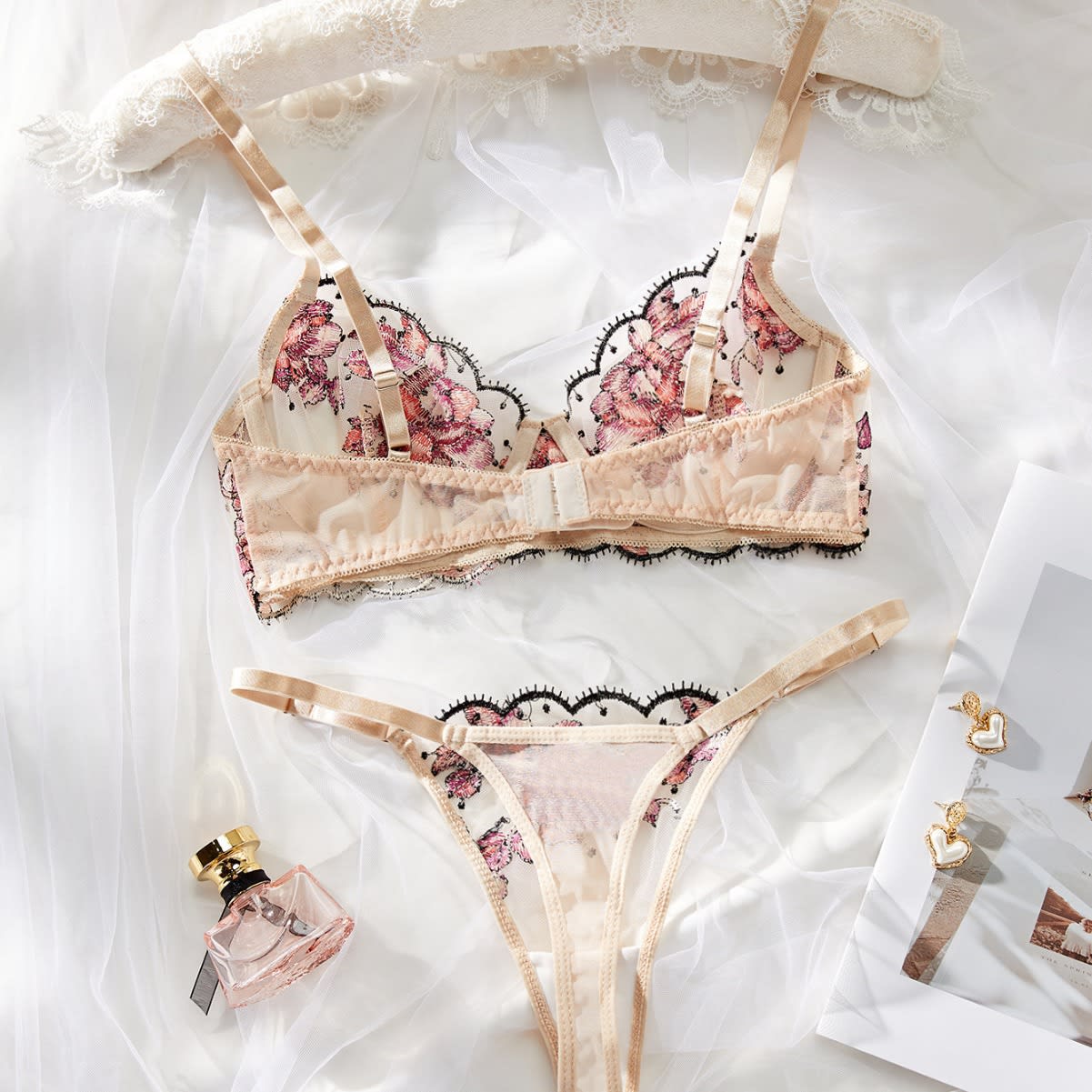 Women's Mesh Multi-color Embroidery Transparent Underwear Suit view 17