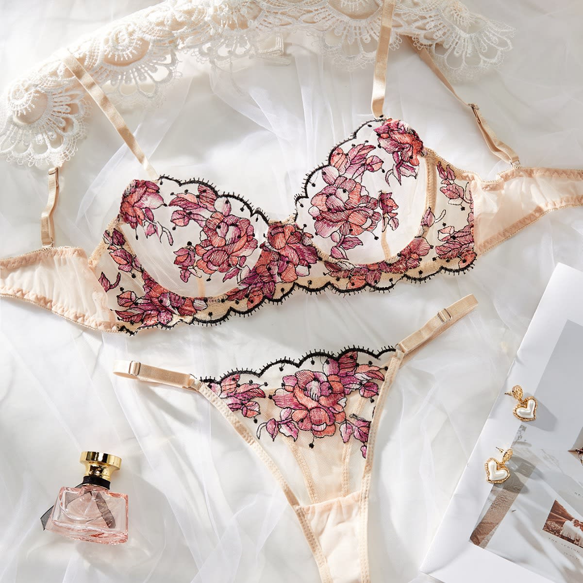Women's Mesh Multi-color Embroidery Transparent Underwear Suit view 14