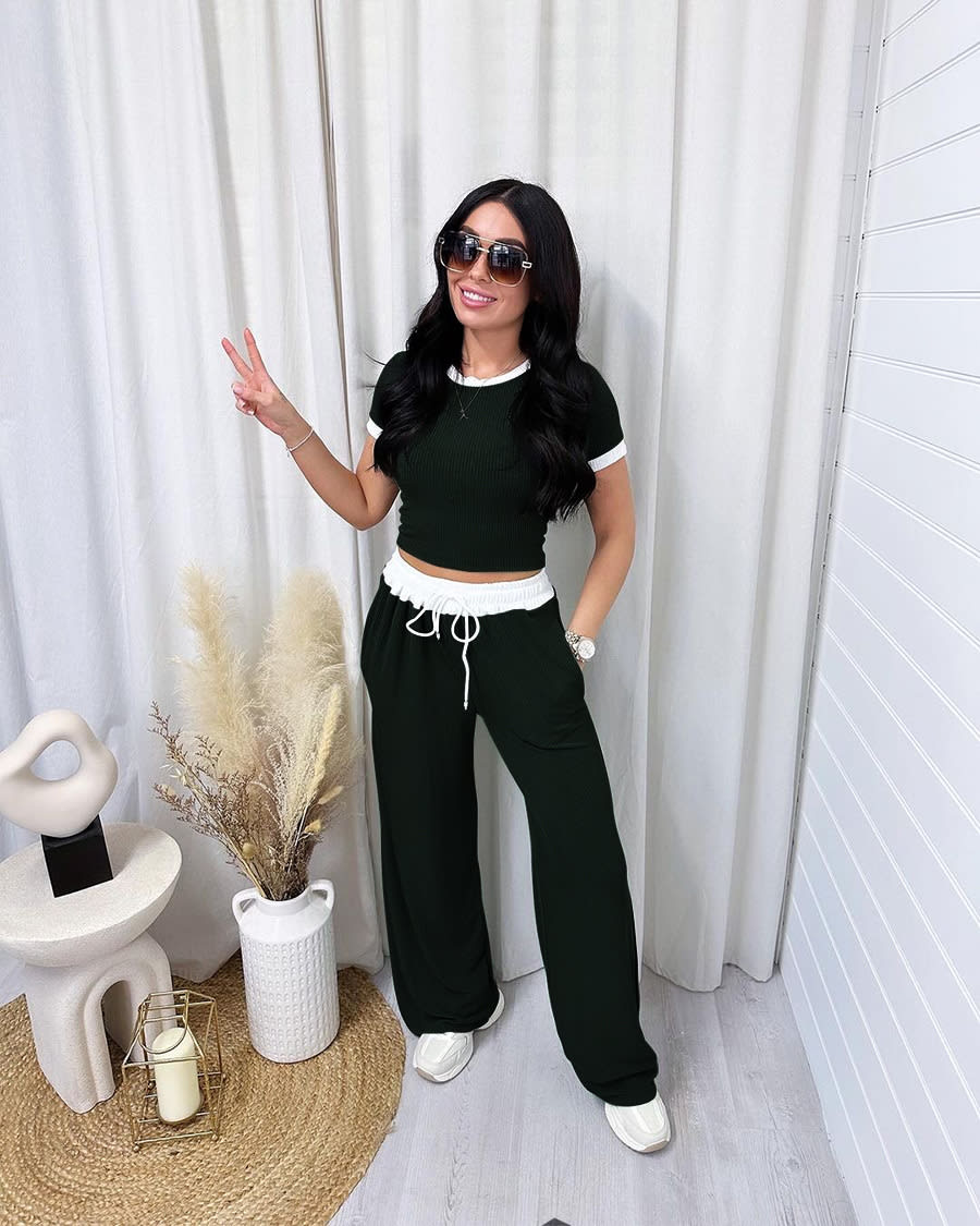 Round Neck Contrast Color Women's Fashion Casual Wide-leg Pants Sports Suit view 27