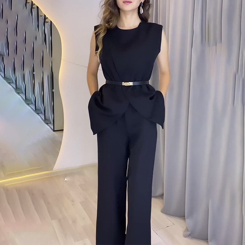 Solid Color Round Neck Sleeveless Top High Waist Wide Leg Pants Two-piece Set view 11