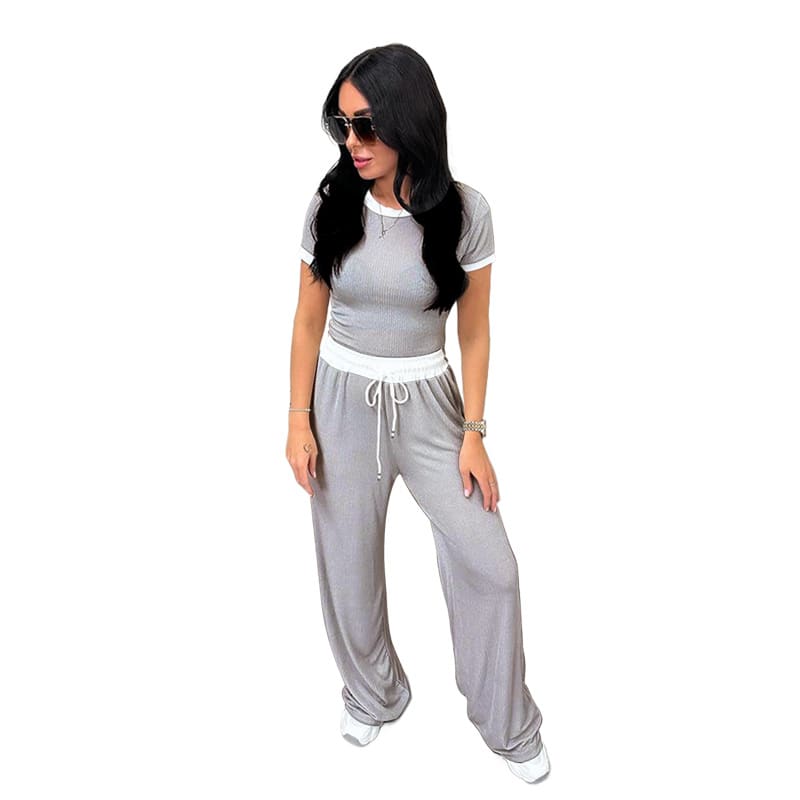 Round Neck Contrast Color Women's Fashion Casual Wide-leg Pants Sports Suit view 34