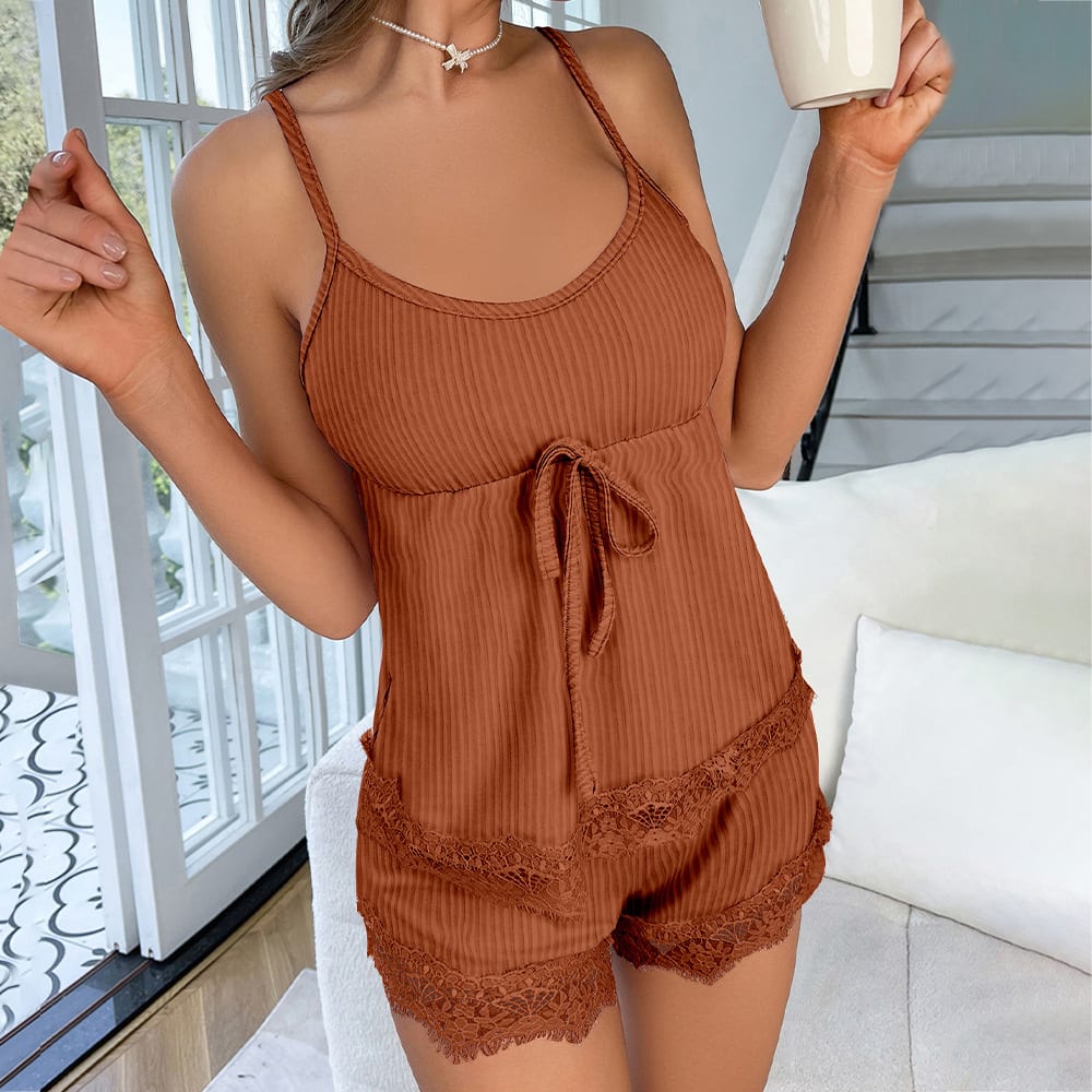 Women's Pajamas Fine Rib Suspender Shorts Suit view 9