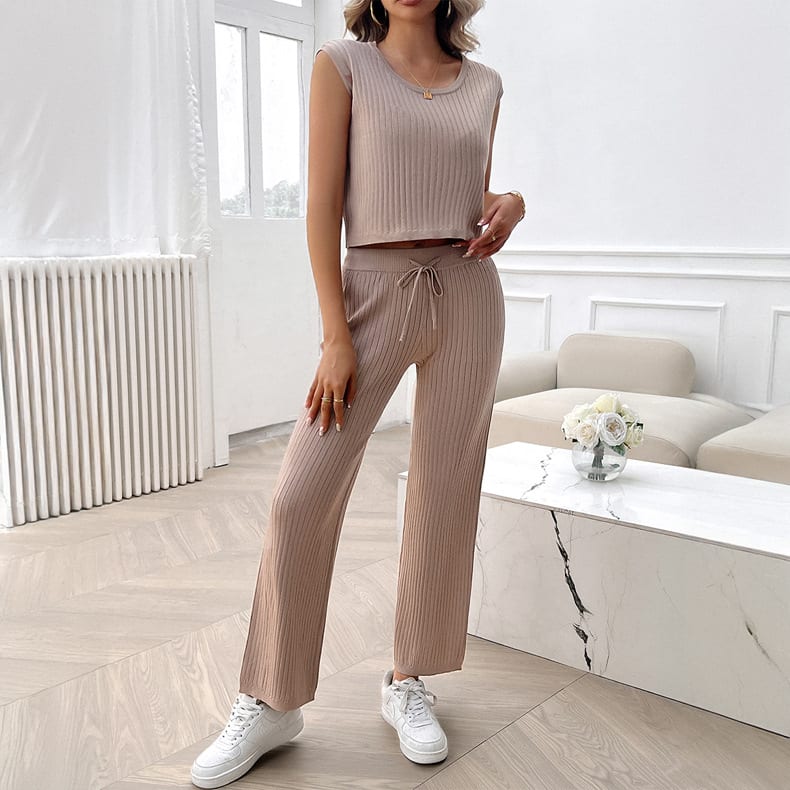 Casual Slim-fit Solid Color Woolen Sleeveless Bm Top Cropped Pants Set view 3