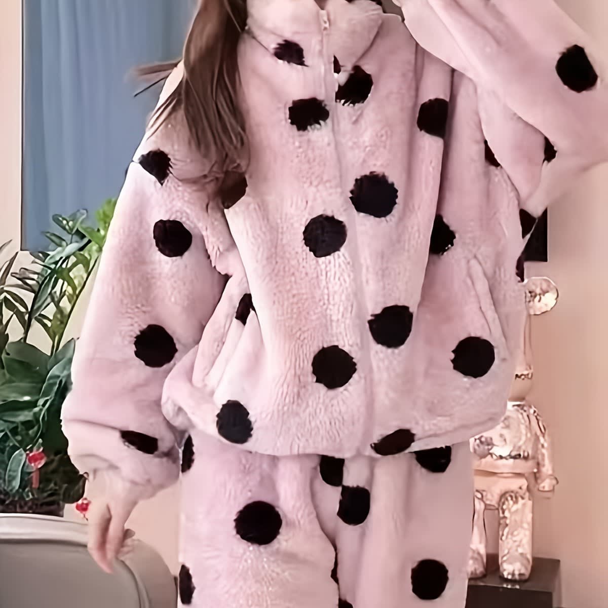 Cute Casual Pajamas For Women Winter Fleece-lined Thickened Polka Dot Turtleneck Drawstring Suit view 2