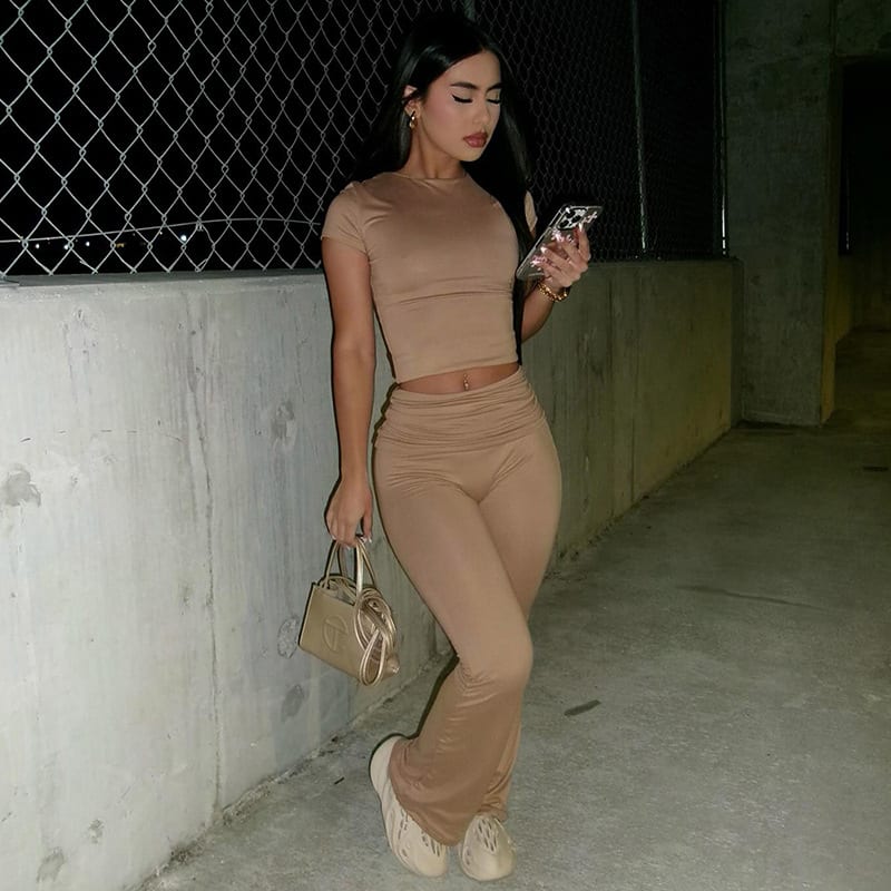 Solid Color Midriff-baring Short Sleeve Waist Pants Suit view 7