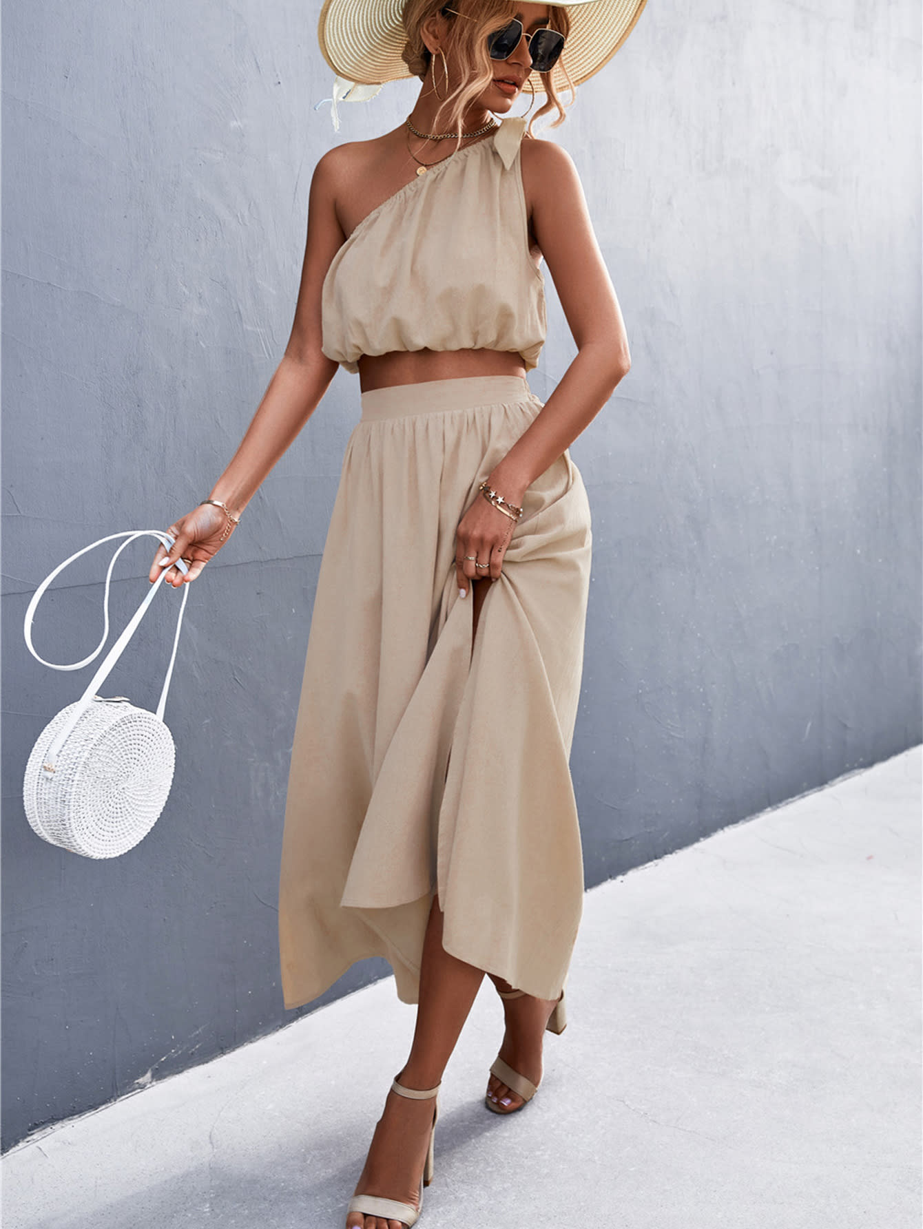 Sexy Oblique Shoulder Lace-up Vest Slit Midi Skirt Suit view 3
