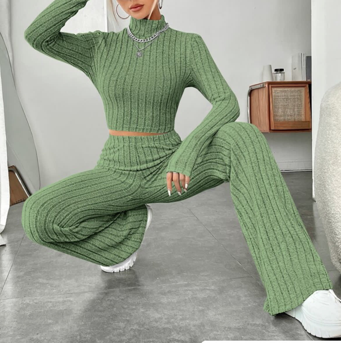 Long Sleeve Turtlenecks Wide Leg High Waist Trousers Suit view 2