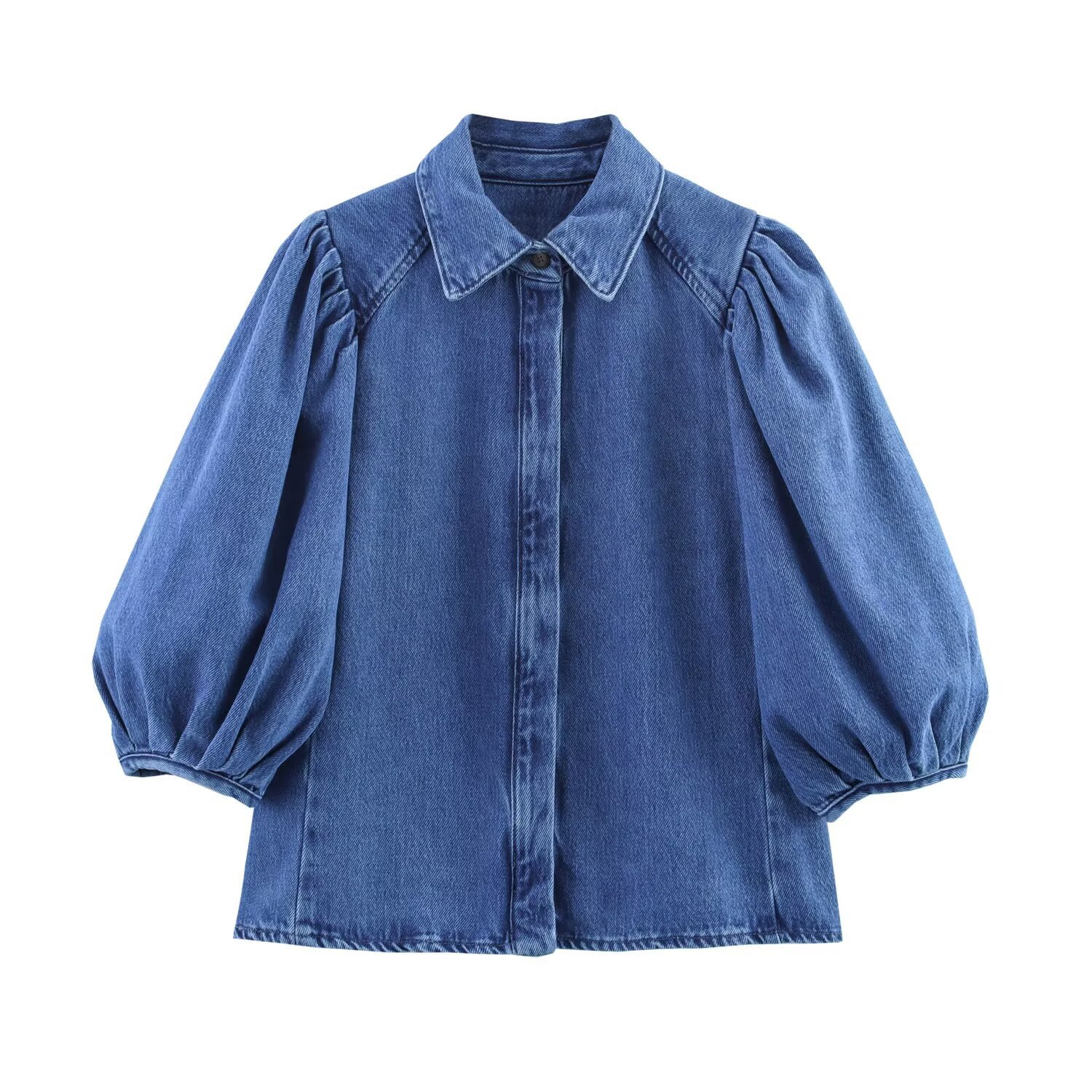 Women's Puff Sleeves Denim Shirt Jeans Suit view 8