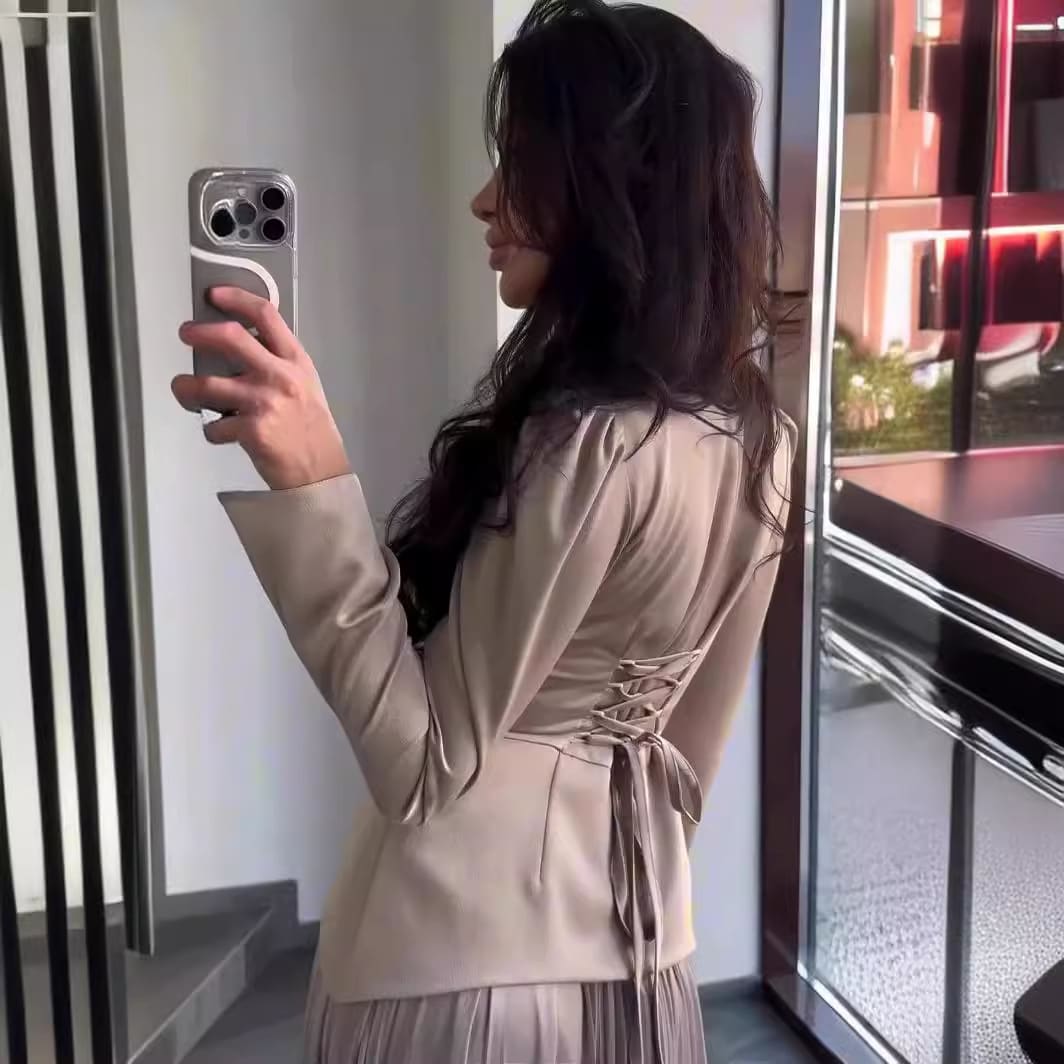 Ladies New Color Contrast Patchwork Slim-fit Lace Up Long Sleeve Dress view 8