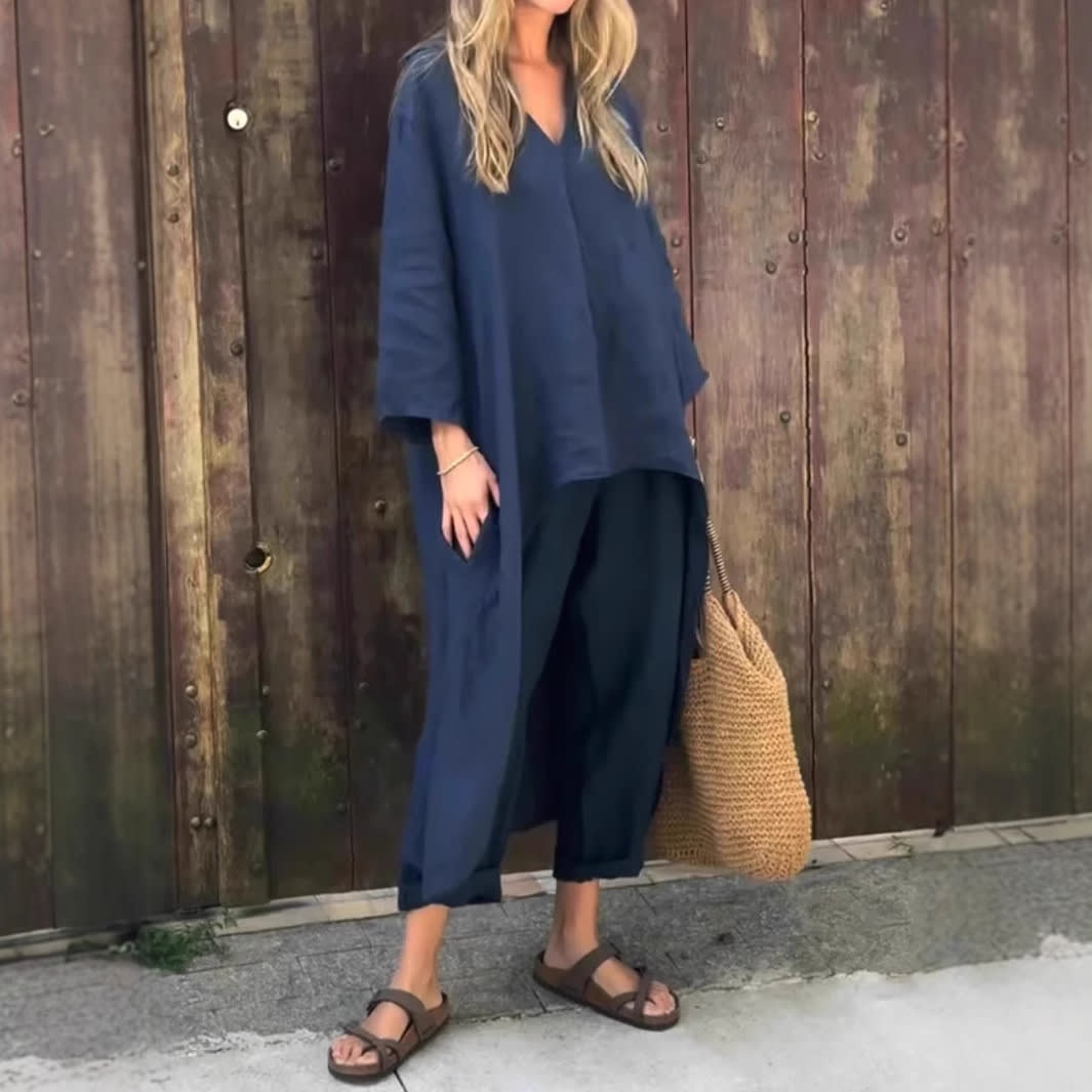 2pcs Long-sleeved Suits Loose V-neck Long Top And High Waist Wide Leg Pants With Pockets Women's Clothing view 3