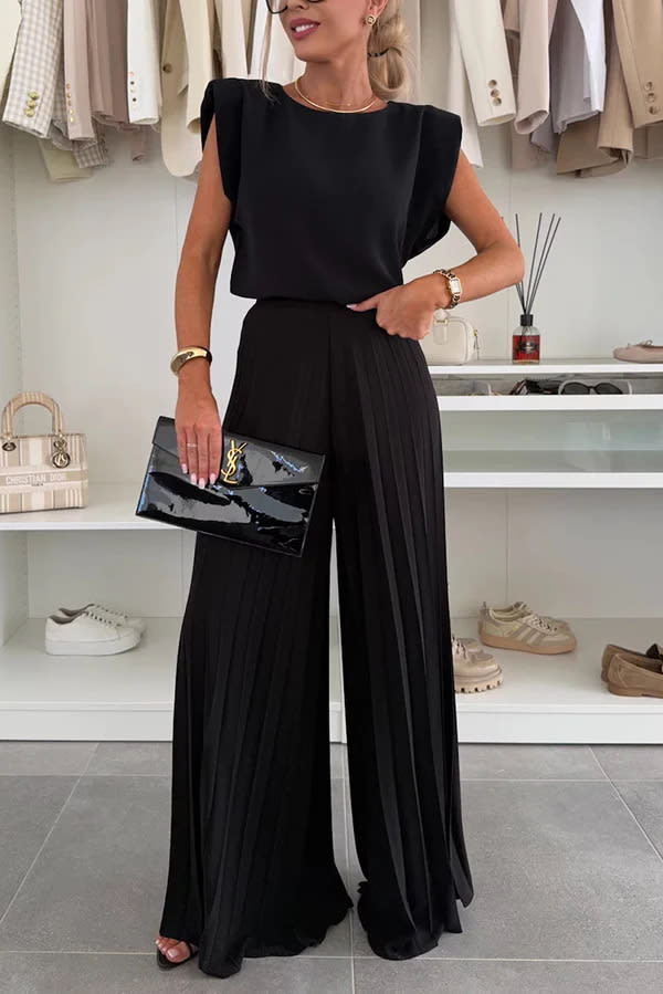 Round Neck Sleeveless Top Pleated Wide-leg Trousers Two-piece Set view 5