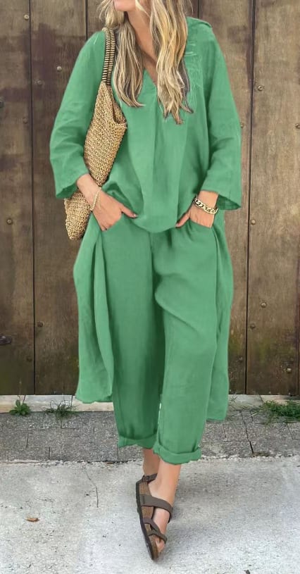 2pcs Long-sleeved Suits Loose V-neck Long Top And High Waist Wide Leg Pants With Pockets Women's Clothing view 8
