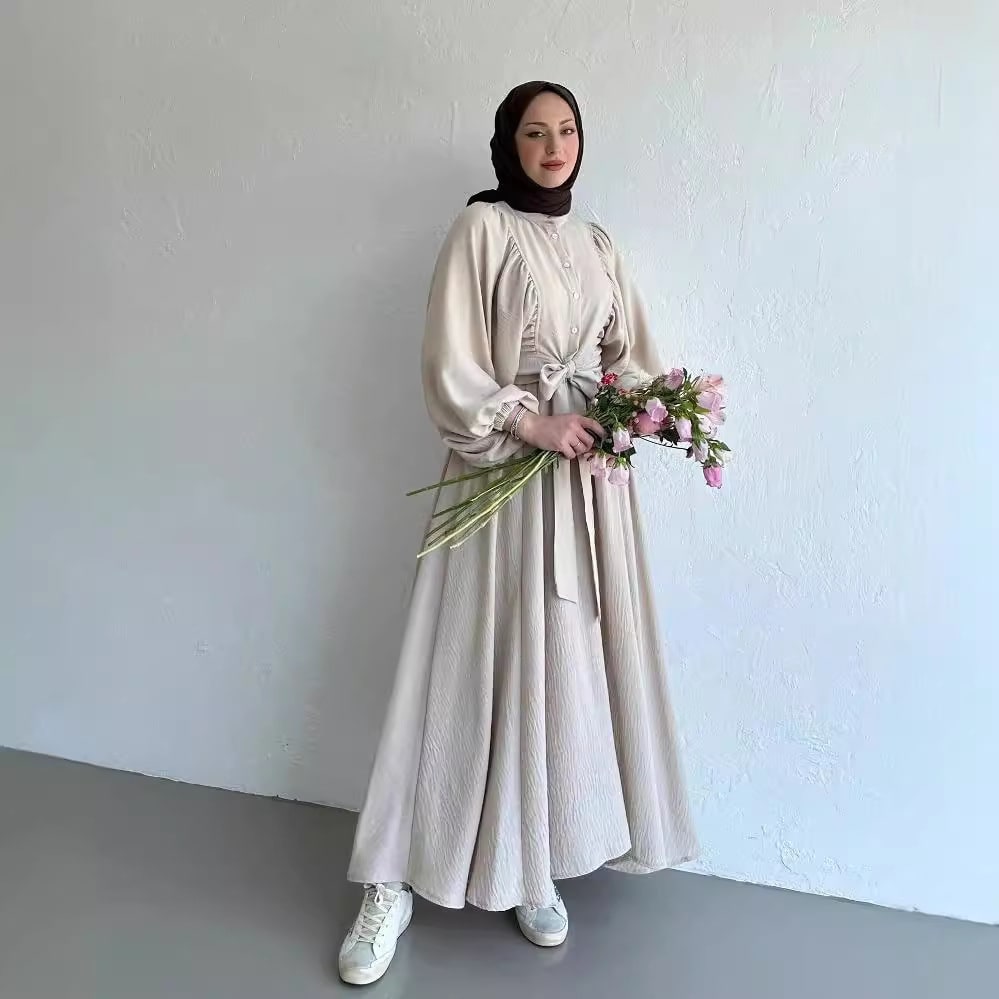 Muslim Fashion Suit Bishop Sleeves Top Swing Mid-length Dress Set view 6