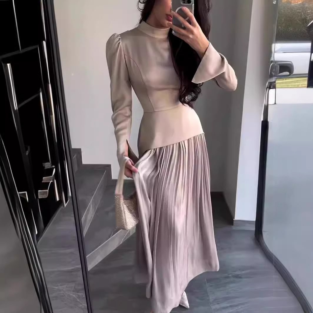 Ladies New Color Contrast Patchwork Slim-fit Lace Up Long Sleeve Dress view 6