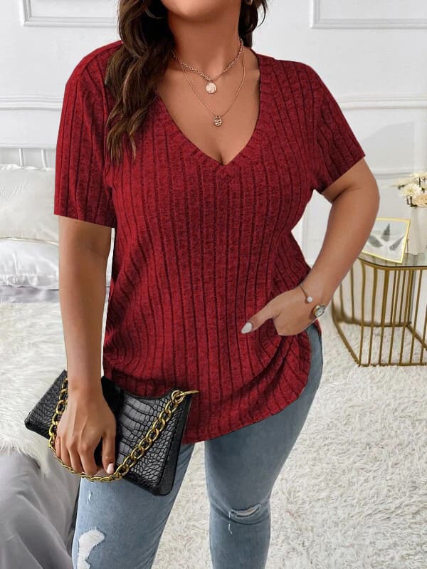 Solid Color Plus Size Women's Clothes Top V-neck Sunken Stripe Short Sleeve T-shirt view 4