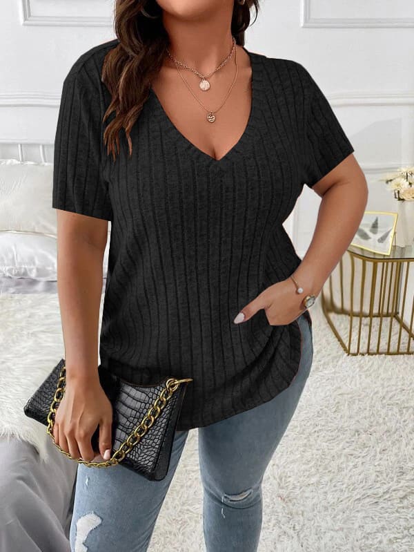 Solid Color Plus Size Women's Clothes Top V-neck Sunken Stripe Short Sleeve T-shirt view 27