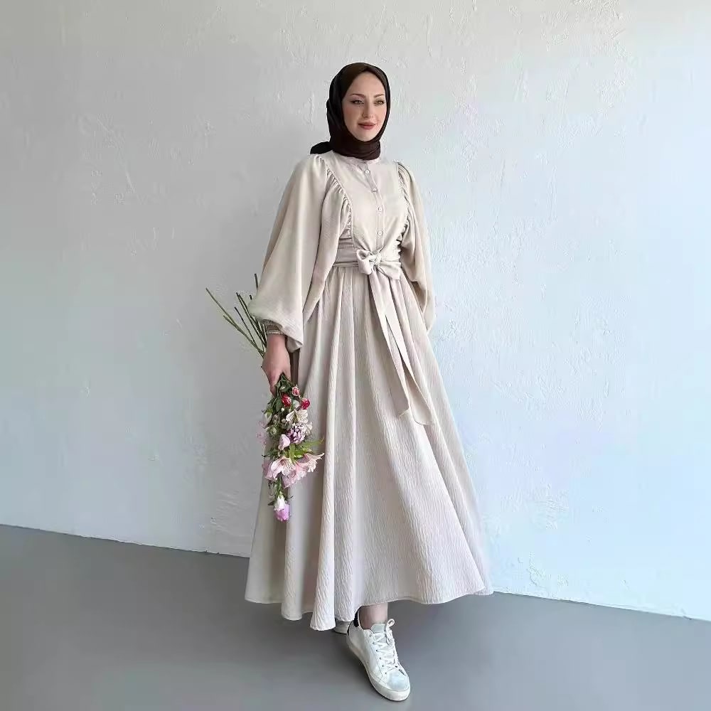 Muslim Fashion Suit Bishop Sleeves Top Swing Mid-length Dress Set view 5