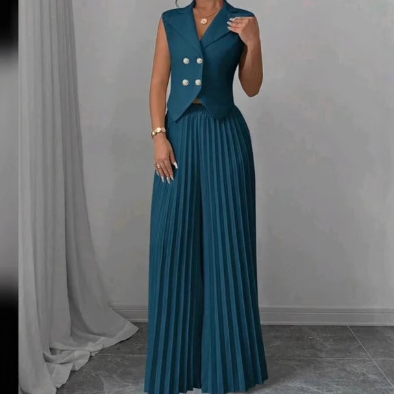 Summer Sleeveless Suit Fashion Lapel Button Vest Top And Pleated Straight Pants Women's Trousers Set Clothing view 8