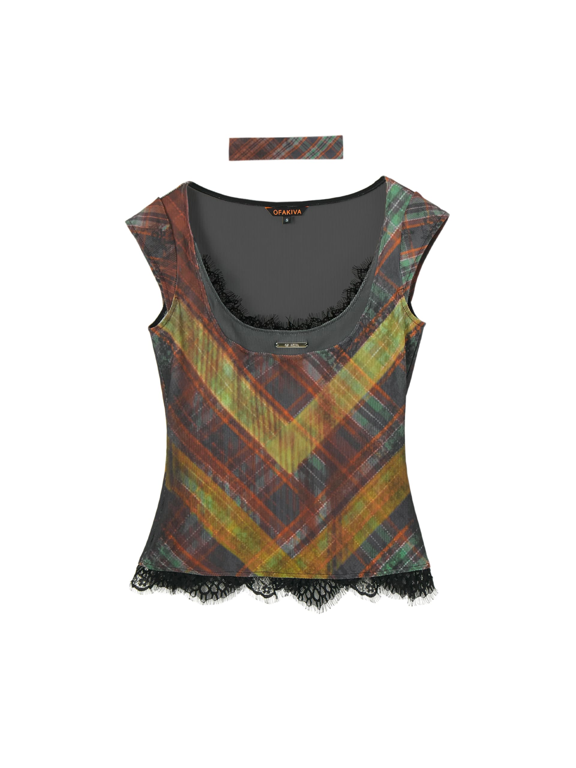Plaid Lace Print Stitching Skin-friendly Knitted Flying Sleeve Top view 2