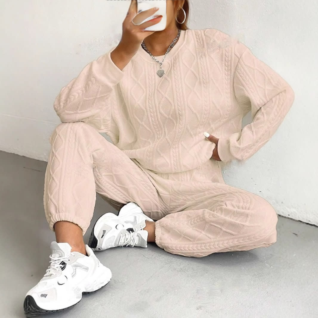 Jacquard Long Sleeve Casual Round Neck Sweater Trousers Suit view 10