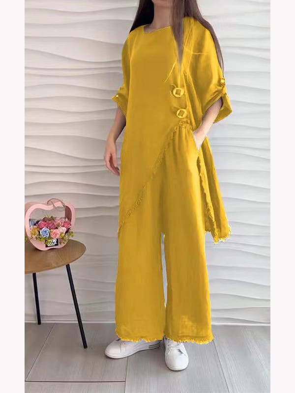 Loose And Irregular Half Sleeve Mid-length Top Loose-fitting Wide-leg Trousers view 7