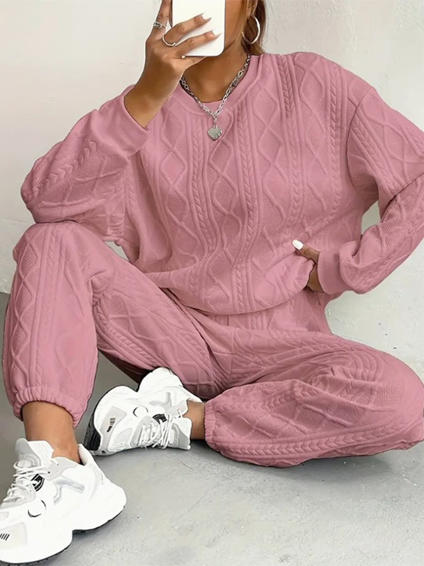 Jacquard Long Sleeve Casual Round Neck Sweater Trousers Suit view 11