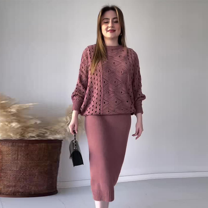 Autumn New Solid Color Hollow Round Neck Top Casual Knitted Skirt Suit view 5