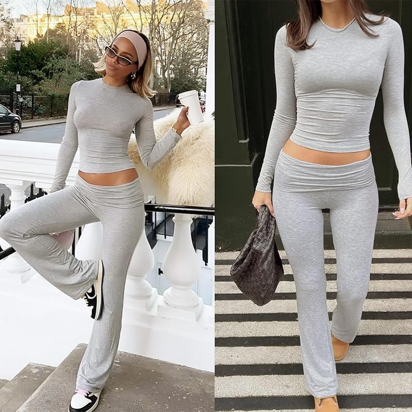 Round Neck Long Sleeve Low Waist Bell-bottom Pants Sportswear Suit view 2