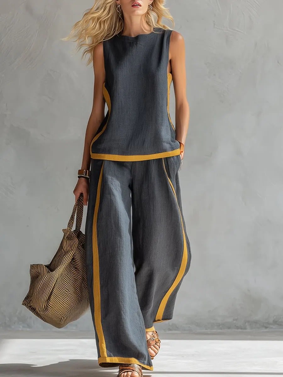 Summer Suits Round-neck Sleeveless Vest Top And High-waist Wide-leg Pants Casual Loose Set view 7