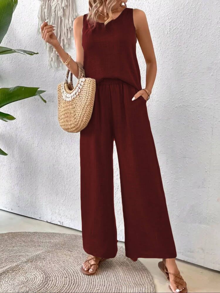 2 Pieces Set Women's Sleeveless Solid Color Back Hollow Lace Suit Summmer Trendy Casual Top Wide Leg Pants Set For Daily Wear Holiday Outfit view 10