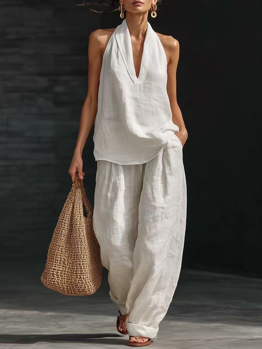 Summer Sleeveless Suits V-neck Halter Top And Wide-leg Pants Fashion Casual Straight Trousers Set view 4