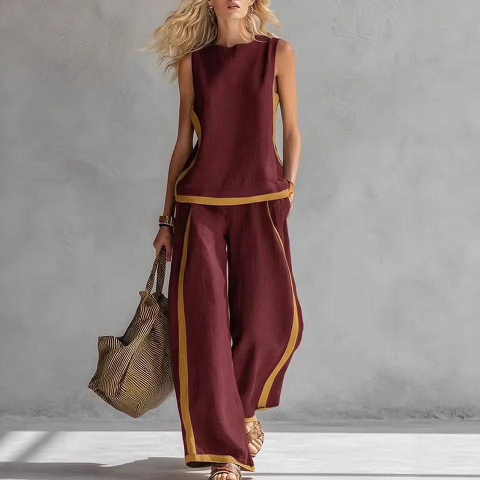 Summer Suits Round-neck Sleeveless Vest Top And High-waist Wide-leg Pants Casual Loose Set view 3